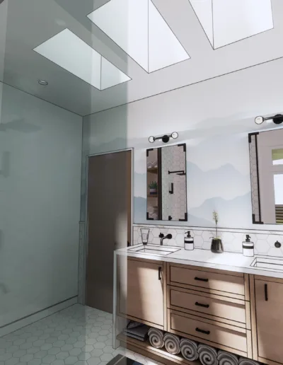 A 3d rendering of a bathroom with a skylight.