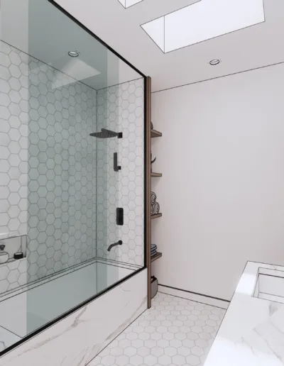 A rendering of a bathroom with a shower and sink.