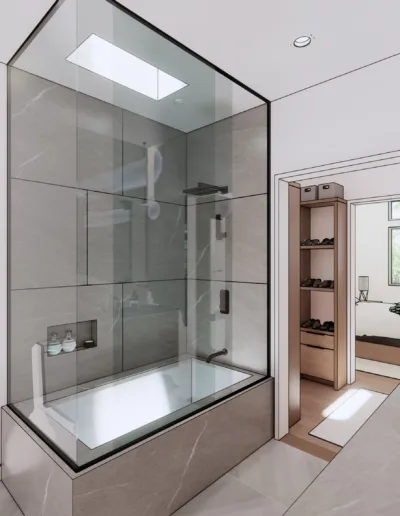 A rendering of a bathroom with a glass shower.