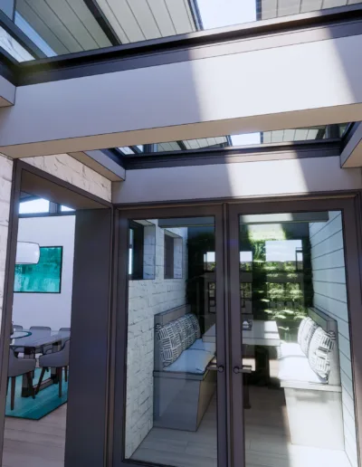 A glass door leading to a kitchen and dining area.