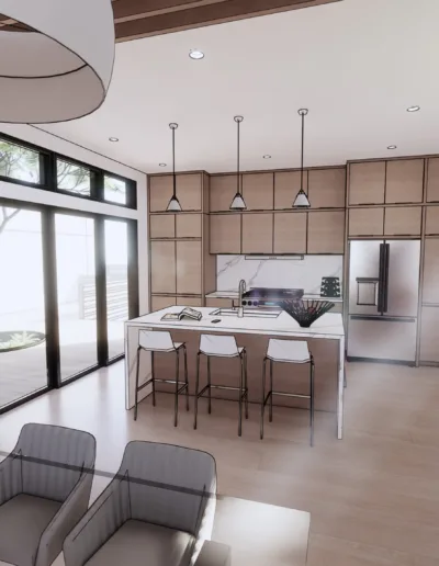 A 3d rendering of a kitchen and dining room.