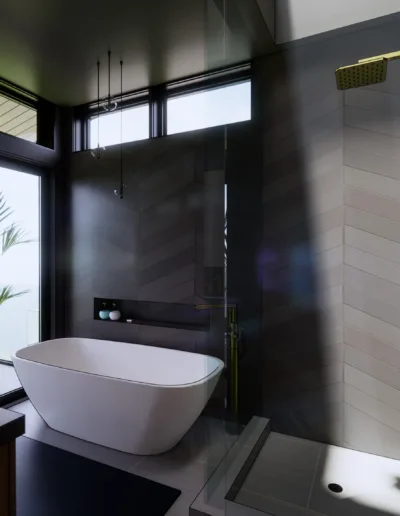 A bathroom with a bathtub and a view of the ocean.