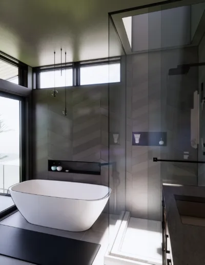 A modern bathroom with a bathtub and large windows.