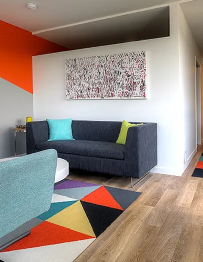 A brightly colored apartment with a couch and a coffee table.
