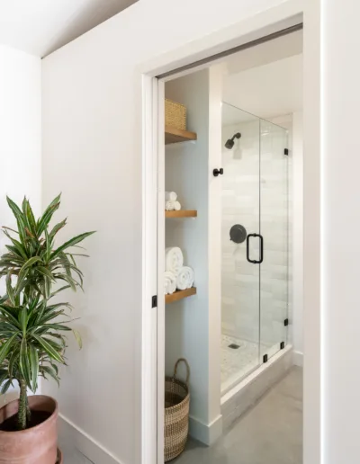 A bathroom with a glass shower door and a potted plant.