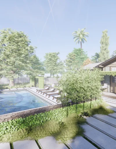A 3d rendering of a backyard with a pool.