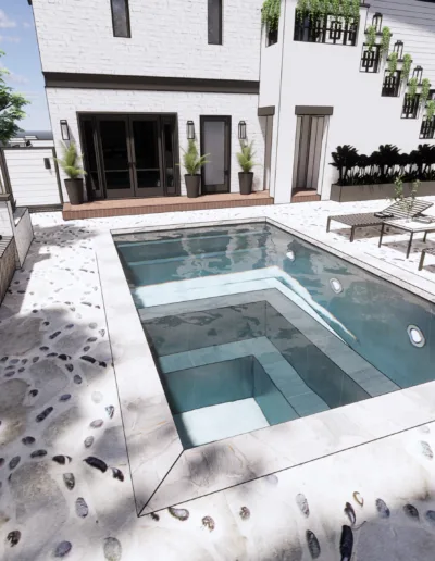 A rendering of a backyard with a swimming pool.
