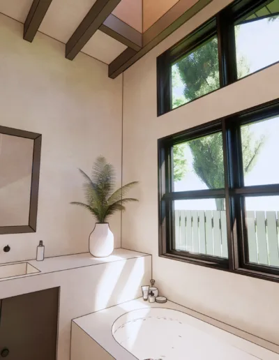 A rendering of a bathroom with a tub and window.