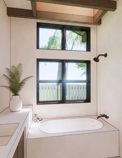 A rendering of a bathroom with a tub and toilet.