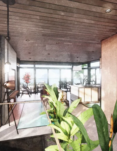 A rendering of a living room with a view of the ocean.
