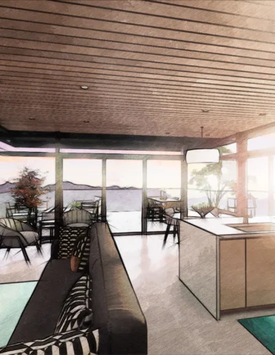 A rendering of a kitchen with a view of the ocean.