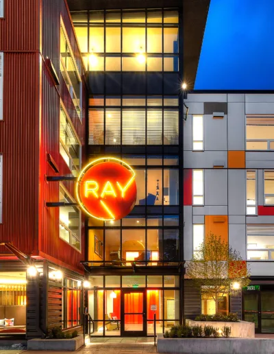 A building with a sign that says ray.