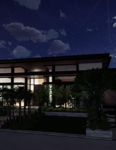 Modern house with large windows illuminated from the inside, set against a night sky with stars and meteor trails.