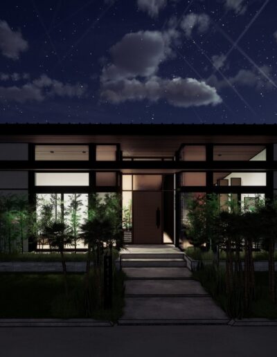 Modern house with a traditional japanese design featuring a large front porch, illuminated by interior lights under a starry sky with shooting stars and a full moon.