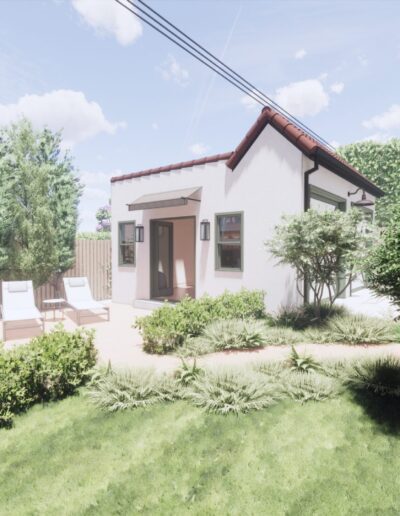 A rendered image of a small, modern house with a white exterior, surrounded by lush greenery, under a clear sky. a shaded patio area with chairs is visible.