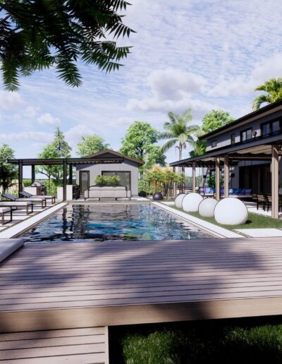 Luxurious backyard with a swimming pool, sun loungers, and a modern pavilion, bordered by lush greenery and a contemporary house.