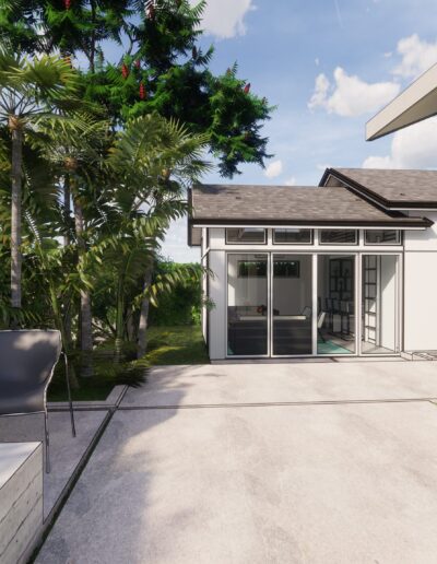 Modern house exterior with a small pool, patio chairs, and lush green trees under a clear sky.