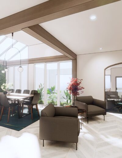 Modern open-plan living space with kitchen, dining area, and lounge under a vaulted ceiling with a glass roof, featuring contemporary furnishings and natural light.