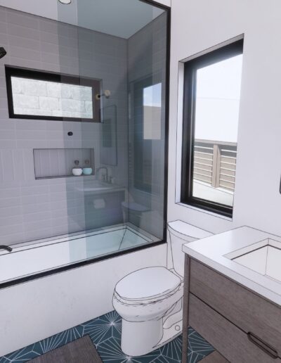 Modern bathroom interior featuring a glass shower stall, white toilet, gray vanity with sink, mirror, and decorative artwork.