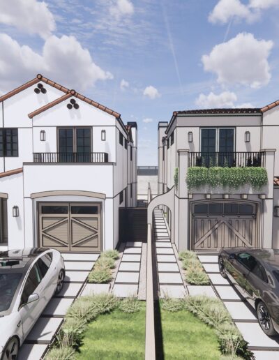3d architectural rendering of two modern mediterranean-style townhouses with people and cars outside.