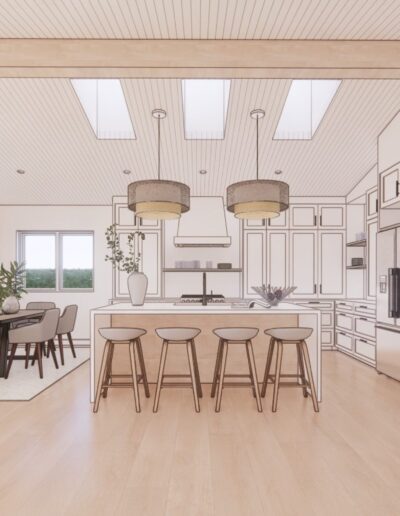 Sketch of a modern kitchen and dining area with bar stools, pendant lights, and integrated appliances, transitioning to a more detailed, realistic rendering.