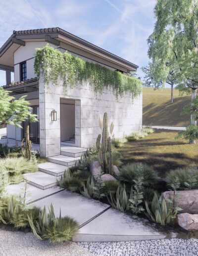 A modern two-story home with white stucco walls and stone accents, surrounded by landscaped gardens with lush greenery and rocks.