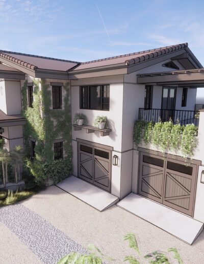 3d rendering of a modern two-story house with multiple balconies, lush greenery, and a three-car garage, set in a sunny, serene environment.