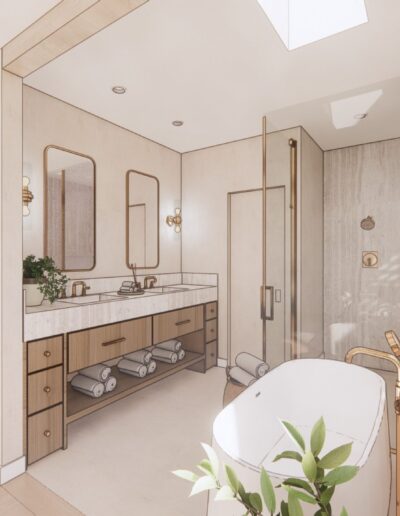 Modern bathroom design featuring a freestanding bathtub, double vanity with mirrors, a walk-in shower, and skylight. neutral and clean aesthetic with a plant accent.