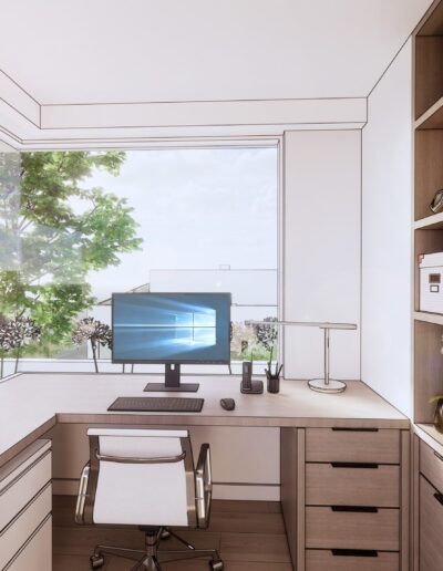 Bright home office with large windows overlooking trees, featuring a desk with a computer and shelves filled with books.