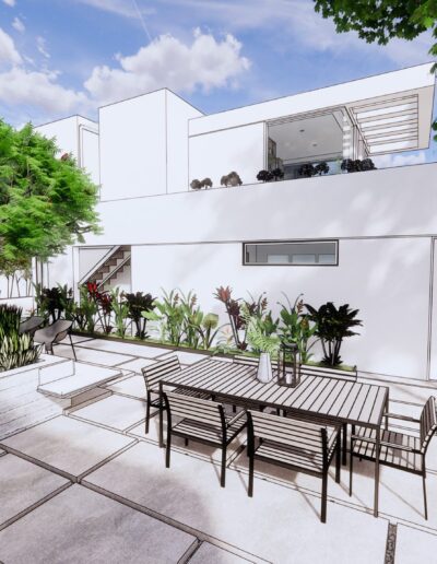 Modern two-story white house with a patio and garden, featuring outdoor seating and lush greenery under a bright sky.