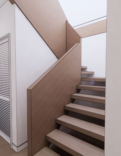 Interior view of a modern staircase with wooden steps and white walls, featuring a louvered door to the left.