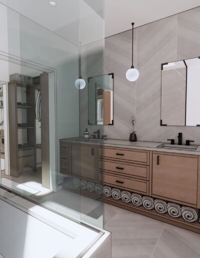 Modern bathroom with a glass shower stall, dual vanity sinks, large mirrors, and wooden cabinets. neutral tones and sleek finishes are featured.