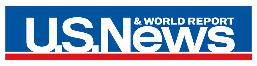 Logo of u.s. news & world report, featuring bold white letters on a blue and red background.